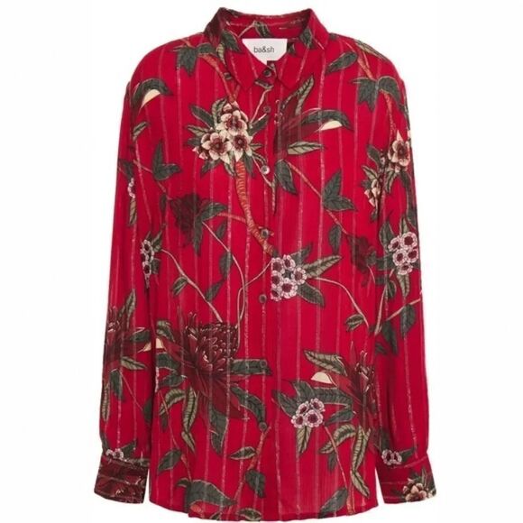 NWT ba&sh Petunia Floral-Print Metallic Jacquard Shirt in Rouge - Picture 3 of 12